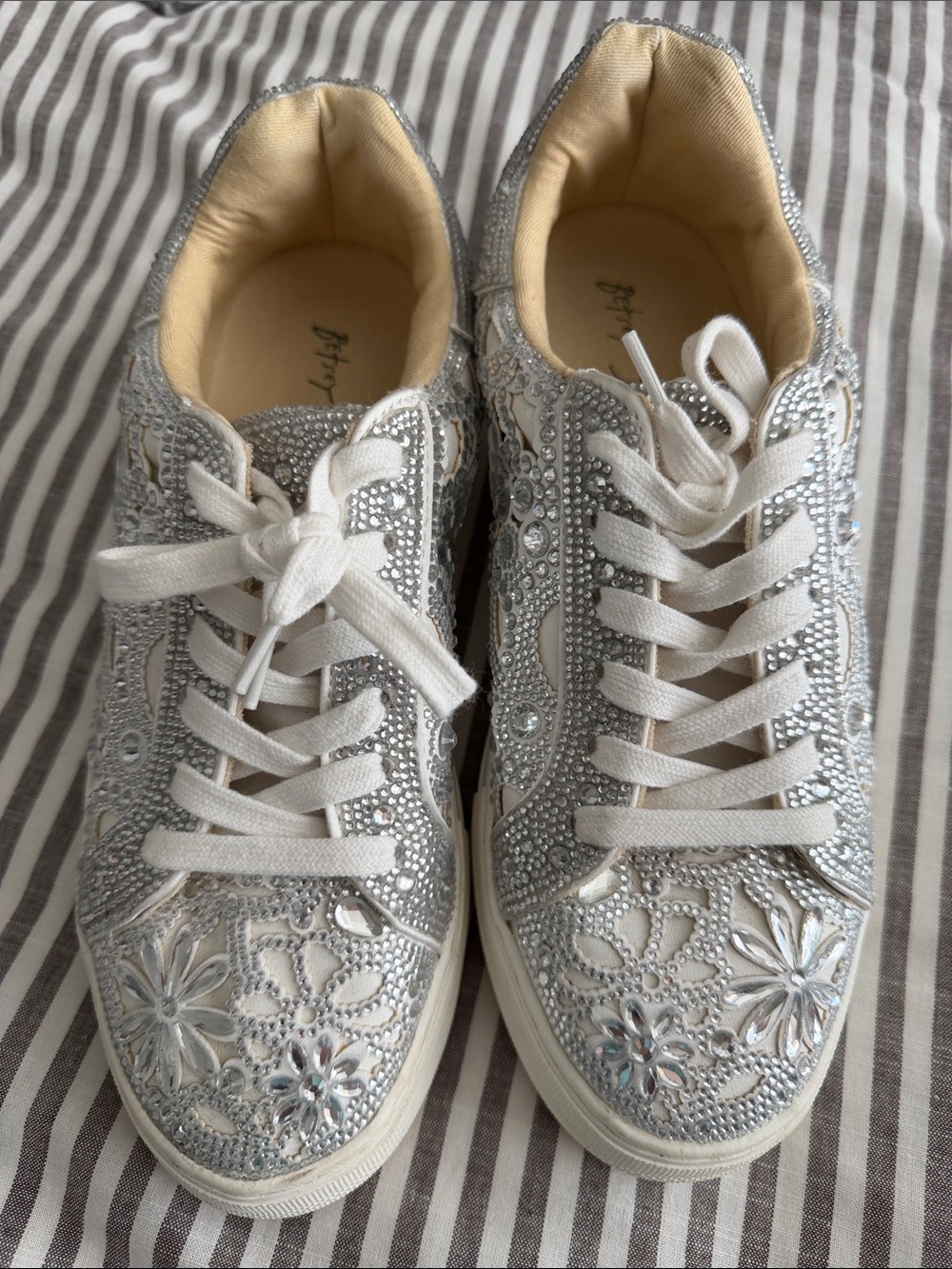 Betsey Johnson Silver Floral Crystal Lace-Up Sneakers